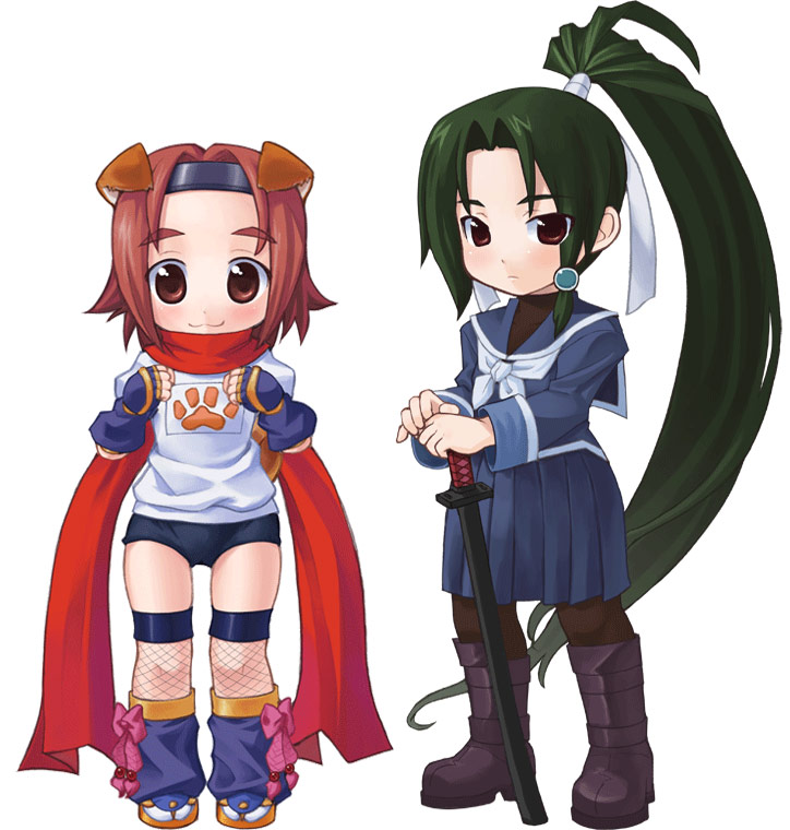 2girls, :3, amasa_mitsunaru, animal_ears, arcana_heart, bangs, blue_serafuku, blue_skirt