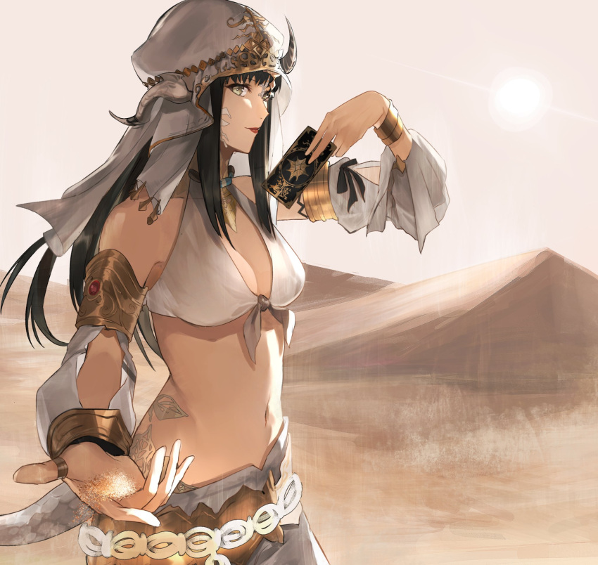 1girl, astrologian_(final_fantasy), au_ra, belt, black_hair, bracelet, breasts, card