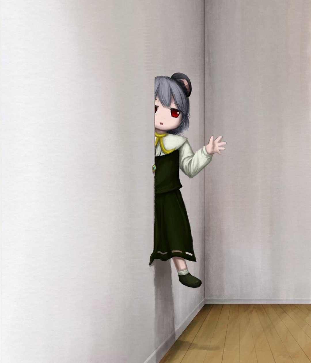 1girl, animal_ears, bangs, bibitto_(kemushima3), capelet, cookie_(touhou), eyebrows_visible_through_hair, green_footwear