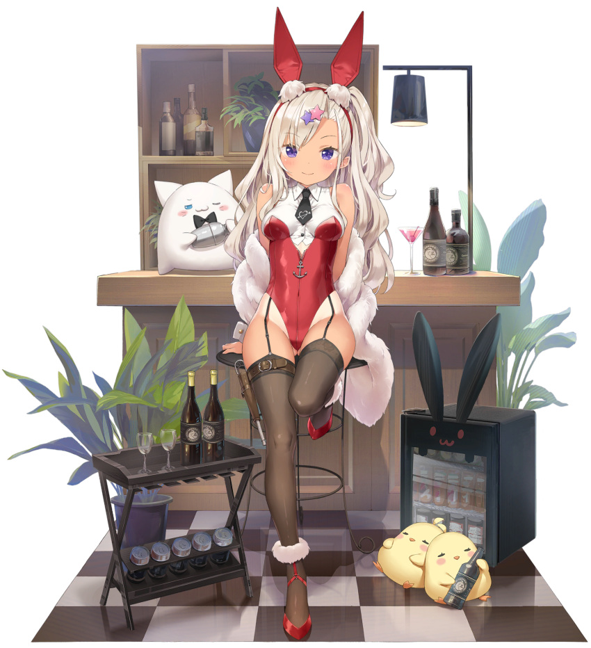 1girl, animal_ears, archerfish_(azur_lane), azur_lane, bare_shoulders, bird, black_legwear, bottle