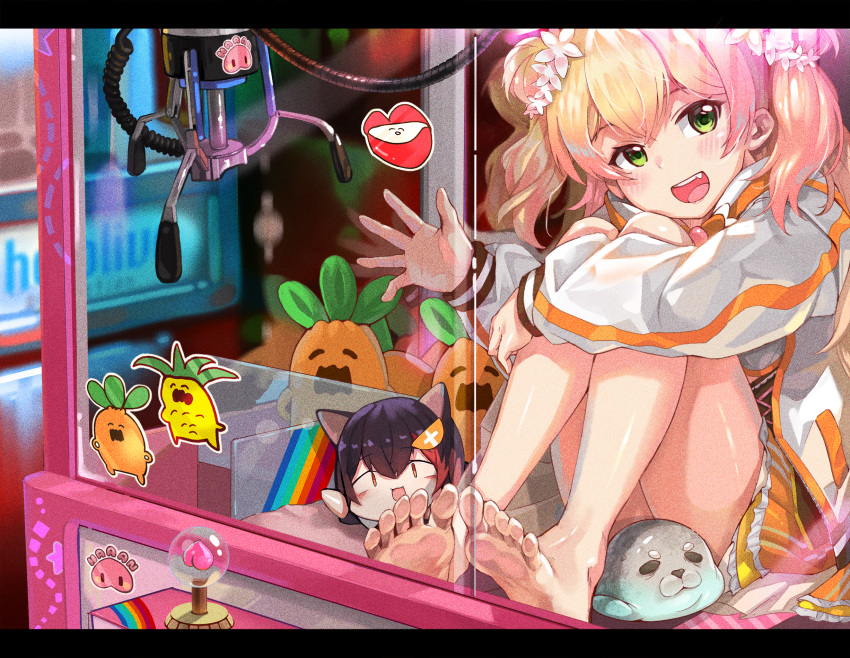 1girl, arcade, bangs, barefoot, blonde_hair, blush, bow, bowtie