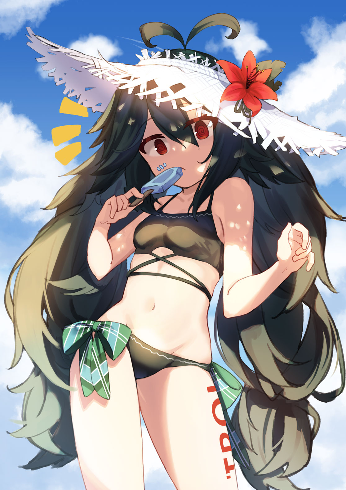 @_@, azur_lane, dark_green_hair, flower, hat, hat_flower, highres, leg_tattoo