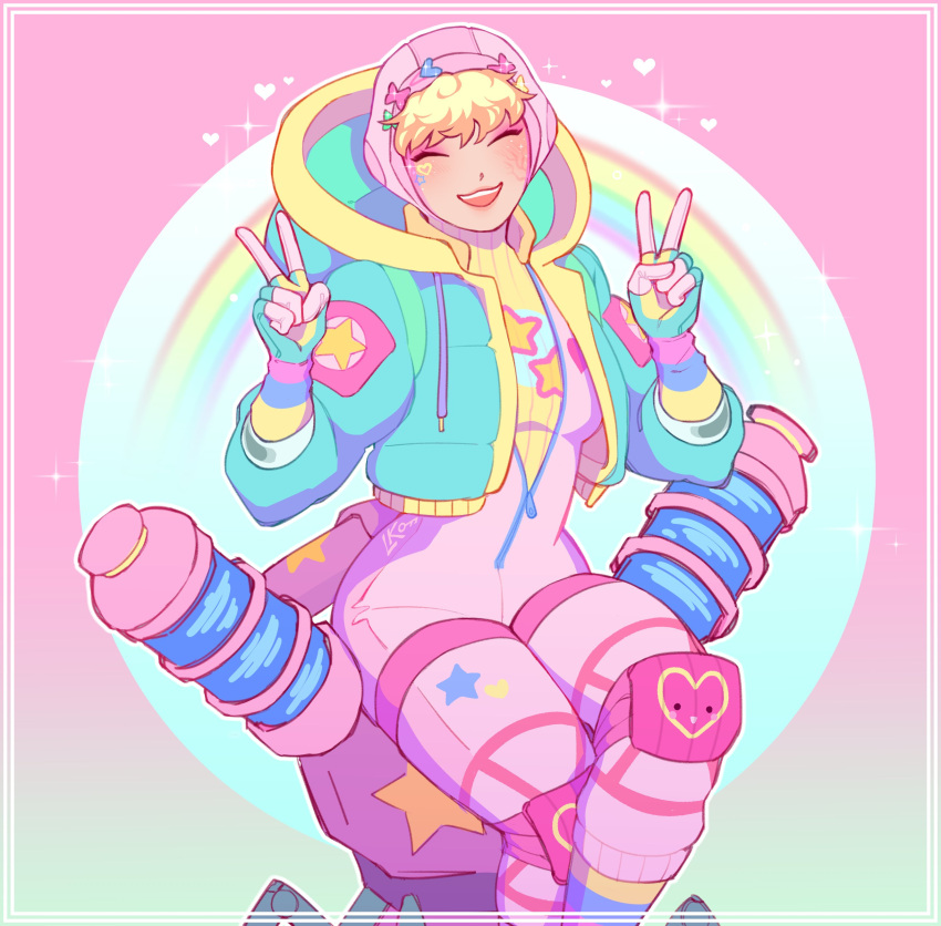 1girl, ^_^, absurdres, apex_legends, bangs, blonde_hair, blue_bow, blue_jacket, blush, bodysuit, bow, breasts, closed_eyes, crossed_legs, double_v, eyeshadow, gloves, green_bow, highres, hood, hooded_jacket, jacket, knee_pads, lila_(lilakeylk), makeup, official_alternate_costume, pink_bodysuit, pink_bow, pink_eyeshadow, pink_headwear, scar, scar_on_cheek, scar_on_face, sitting, small_breasts, smile, solo, v, wattson_(apex_legends)