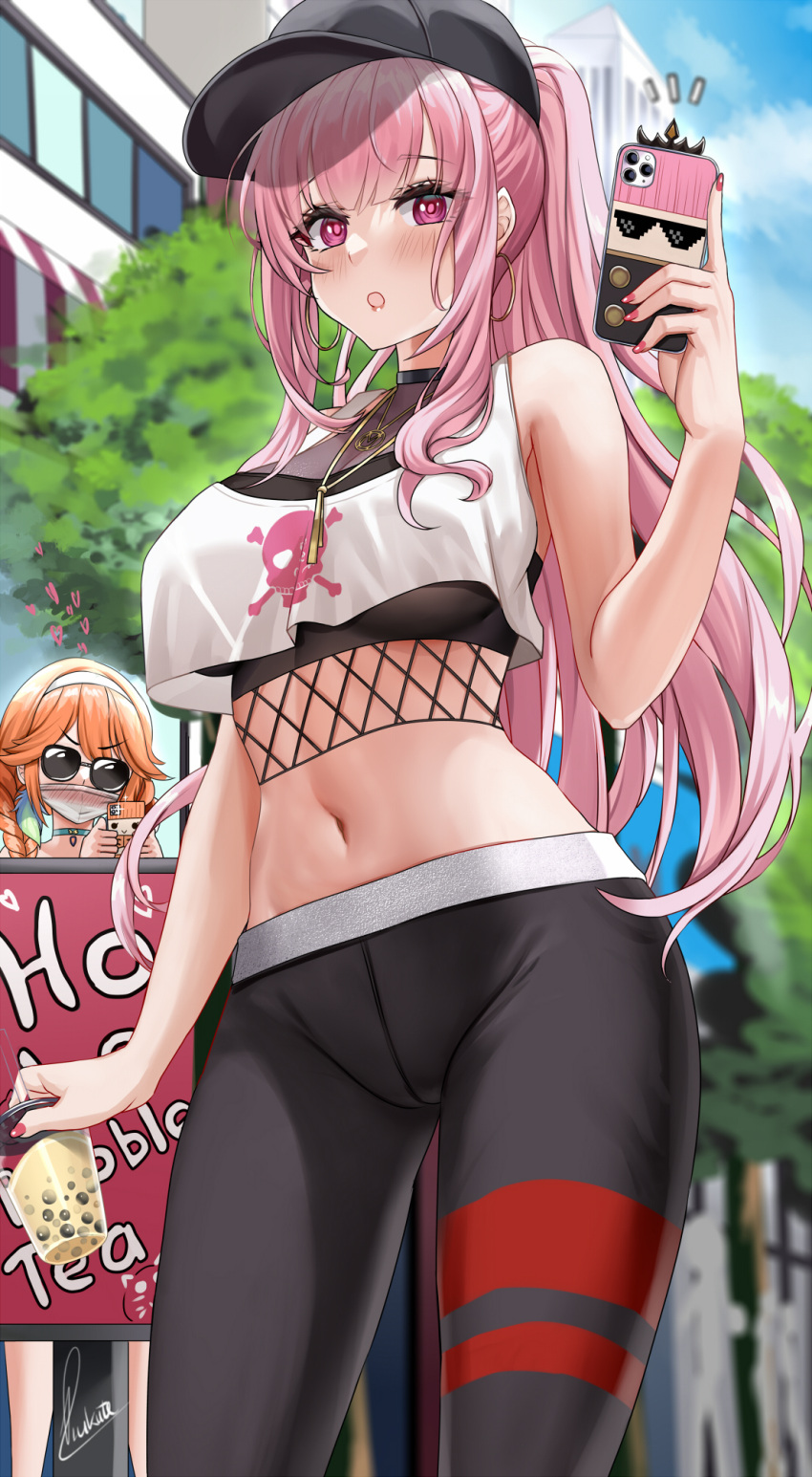 2girls, :o, black_headwear, black_pants, blue_sky, blush, breasts, cellphone