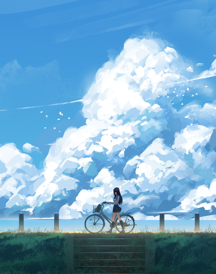1girl, absurdres, animal, bag, bangs, bicycle, bicycle_basket, bird, blue_hair, blue_legwear, blue_skirt, blue_sky, blueland, brown_footwear, clouds, cloudy_sky, commentary_request, day, grass, ground_vehicle, highres, horizon, kneehighs, long_hair, ocean, original, outdoors, pleated_skirt, pushing_bicycle, scenery, school_bag, school_uniform, shirt, shoes, skirt, sky, solo, stairs, walking, white_shirt, wide_shot