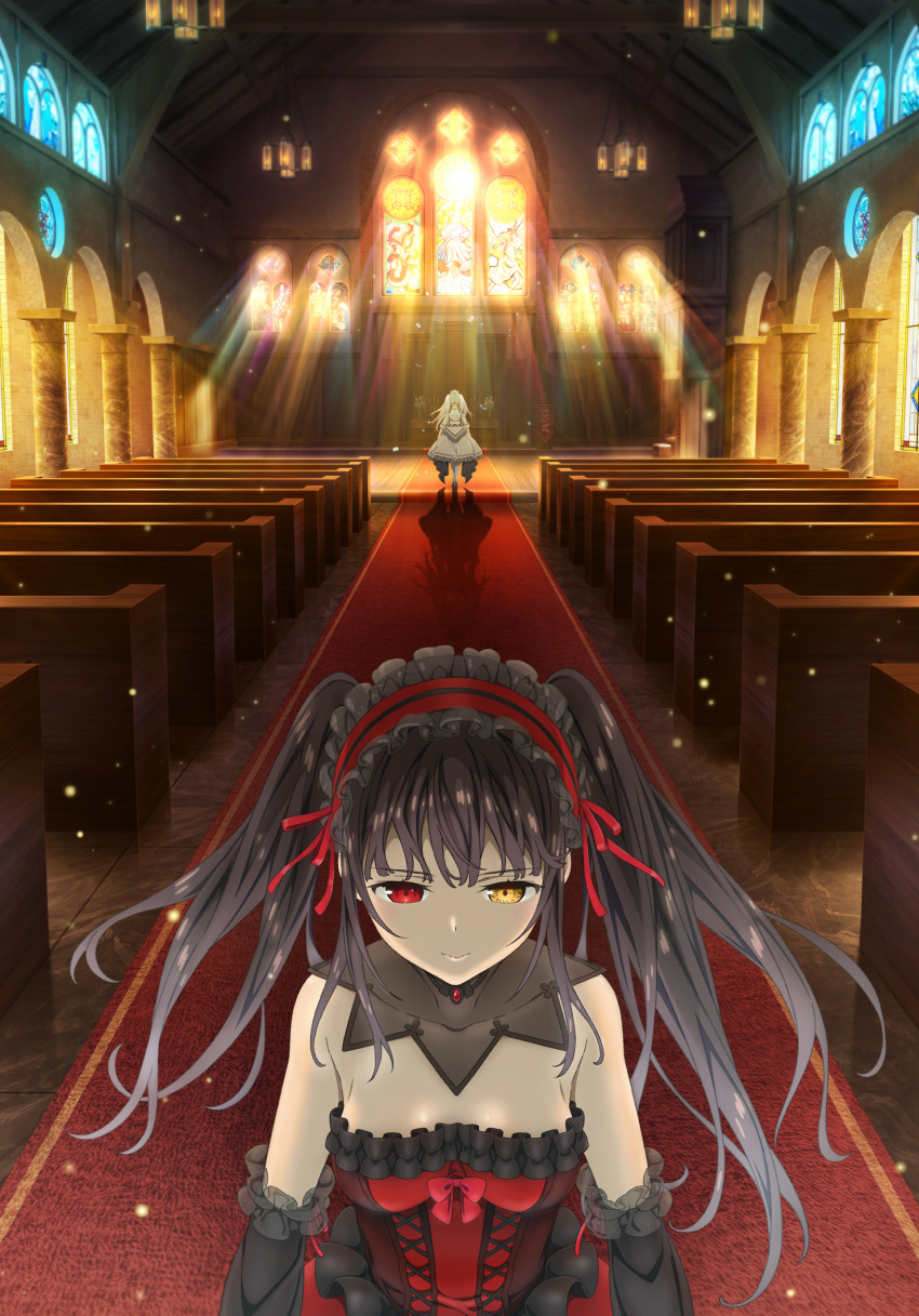 absurdres, black_hair, boots, church, date_a_live, date_a_live:_date_a_bullet, detached_sleeves, dress