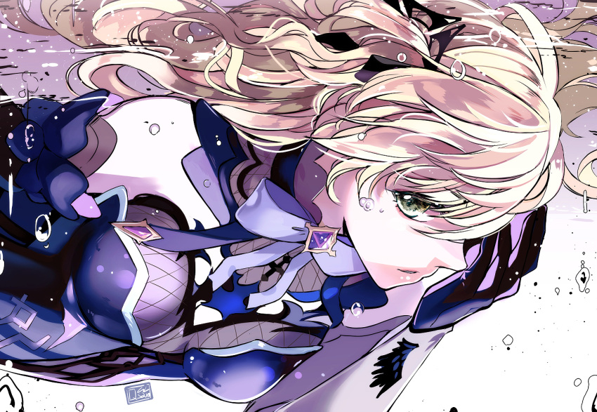 1girl, bare_shoulders, black_gloves, black_ribbon, blonde_hair, breasts, english_commentary, fischl_(genshin_impact)