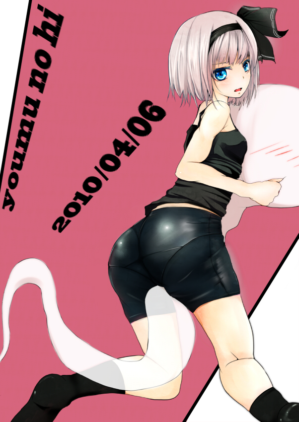 ass, bad_anatomy, bike_shorts, blue_eyes, blush, contemporary, ghost, hairband