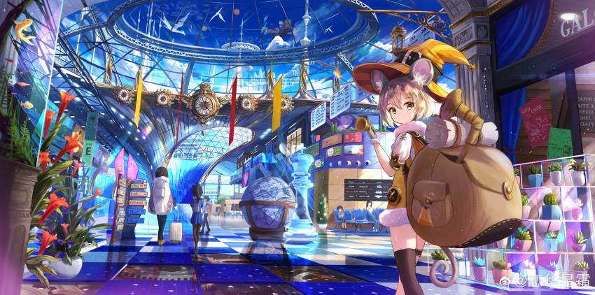 6+girls, absurdres, animal_ear_fluff, animal_ears, backpack, bag, bangs, black_legwear, blonde_hair, cactus, checkered, checkered_floor, chess_piece, chinese_commentary, clock, clover_theater, commentary_request, dress, fish, fish_tank, fur-trimmed_dress, fur_trim, globe, gloves, hair_between_eyes, haruru_(clover_theater), hat, highres, indoors, king_(chess), looking_at_viewer, looking_back, multiple_girls, plant, potted_plant, prinz_eugen1938, short_hair, single_thighhigh, standing, tail, thigh-highs, weibo_username, witch_hat, yellow_dress