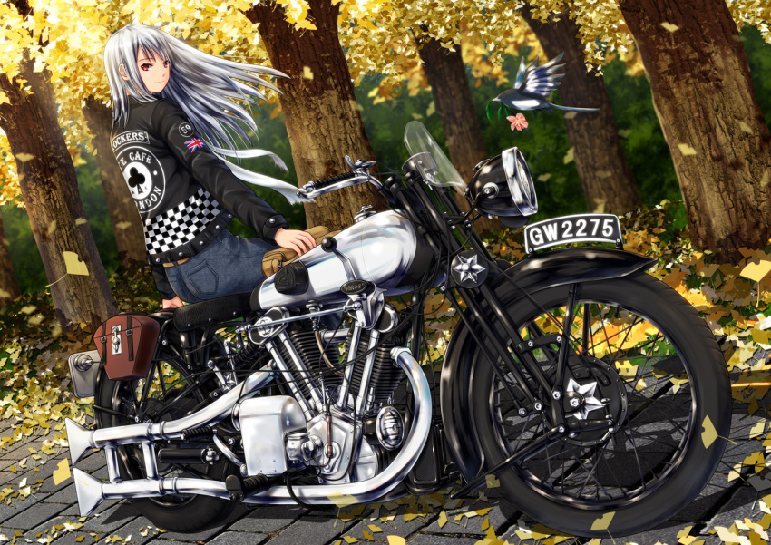 1girl, ano_hito, autumn, biker_clothes, bird, checkered, club_(shape), commentary_request
