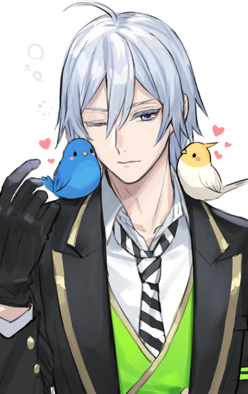 1boy, ahoge, bangs, bird, black_gloves, black_jacket, bubble, buttons