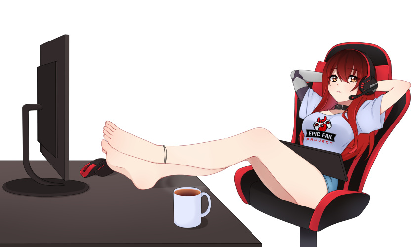 absurdres, anklet, bare_hips, bare_legs, bare_shoulders, barefoot, chair, coffee_cup, cup, disposable_cup, epic_fail_project, epica-chan, erica_naito, gaming_chair, headphones, highres, jewelry, mechanical_arms, mechanical_parts, monitor, mouse_(computer), original, playing_games, redhead, shirt, single_mechanical_arm, soles, t-shirt, toes