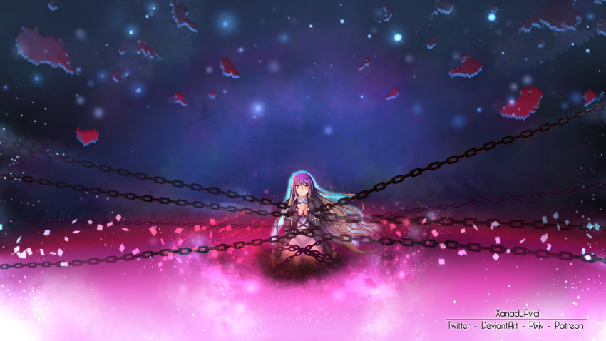 1girl, beads, brown_hair, chain, cross-laced_clothes, dress, gradient, gradient_background