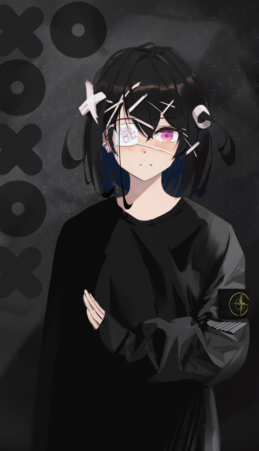 1girl, absurdres, black_hair, black_shirt, blush, earrings, eyepatch, hair_between_eyes