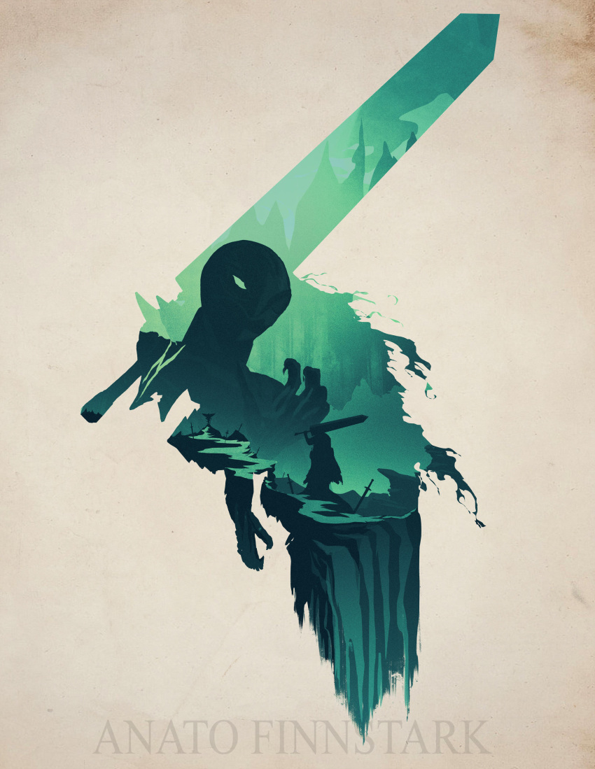 2boys, absurdres, anato_finnstark, artist_name, berserk, commentary, dragonslayer_(sword), english_commentary, femto_(berserk), from_side, green_theme, griffith_(berserk), guts_(berserk), highres, holding, holding_sword, holding_weapon, multiple_boys, over_shoulder, planted_sword, planted_weapon, projected_inset, sword, weapon, weapon_over_shoulder