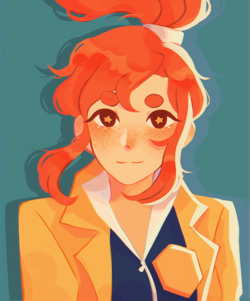 +_+, 1girl, aqua_background, blush, brown_eyes, detective, eyelashes, freckles, ghost_trick, hairband, high_ponytail, highres, jacket, looking_at_viewer, lynne, lynne_(ghost_trick), nose_blush, orange_hair, police, police_badge, police_uniform, portrait, redhead, shadow, short_eyebrows, solo, trench_coat, uniform, vitamincera, yellow_jacket
