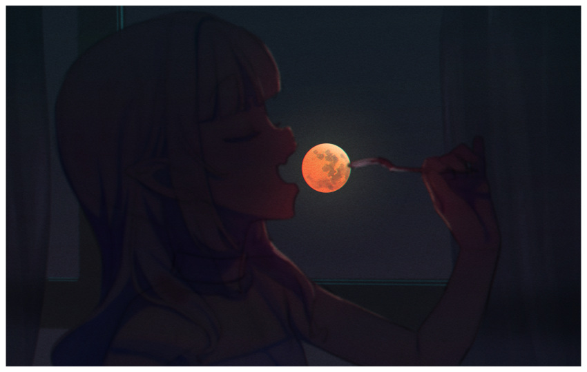 1girl, border, closed_eyes, collar, commentary_request, dark, eclipse, fang