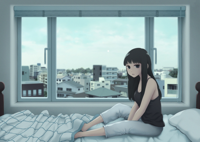 1girl, animated, animated_gif, aqua_sky, bangs, black_eyes, black_hair, black_tank_top