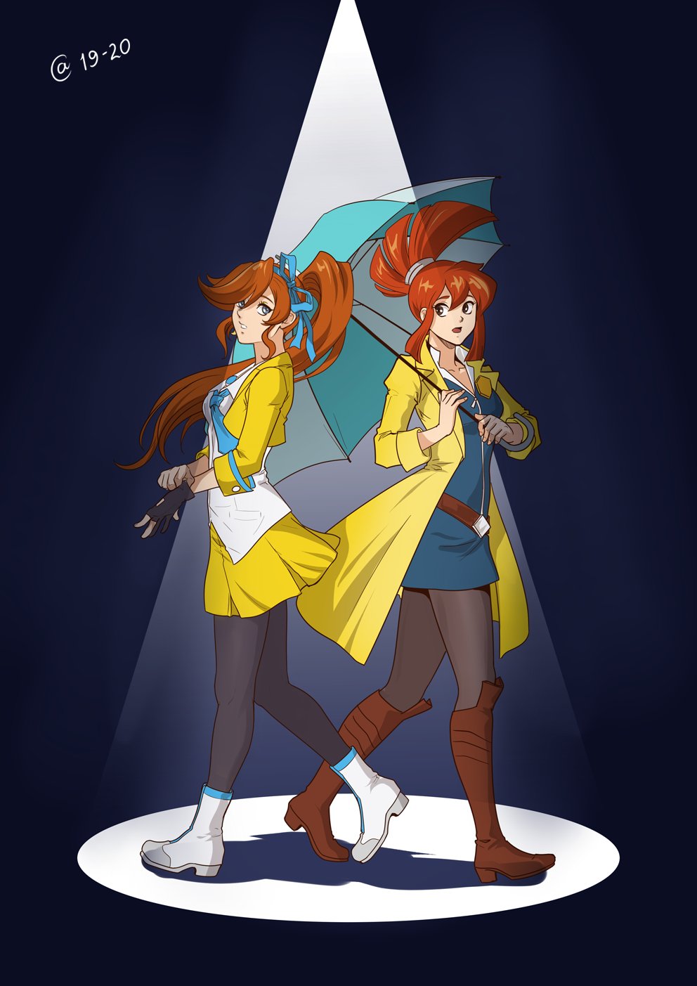 2girls, autumn-sacura, back-to-back, belt, black_background, blouse, blue_bow, blue_dress