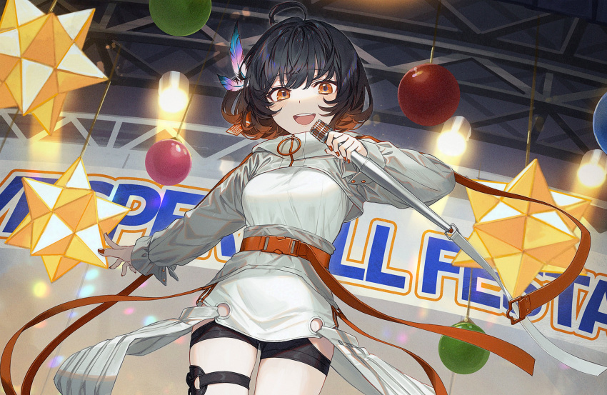 1girl, ahoge, bangs, black_hair, black_shorts, breasts, cowboy_shot, english_text