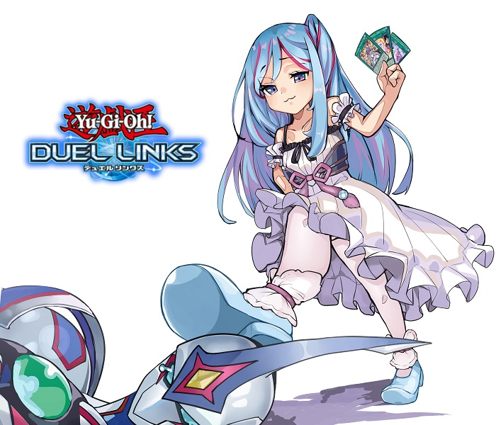 1boy, 1girl, aqua_footwear, blue_hair, card, copyright_name, dress, elemental_hero_neos