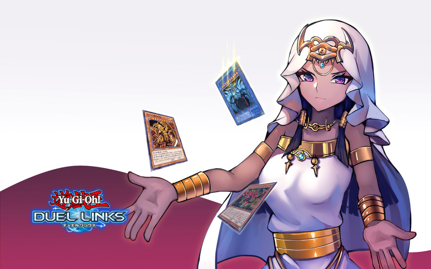 1girl, armlet, black_hair, bracelet, cardigan, copyright_name, dark-skinned_female, dark_skin, egyptian, forehead_jewel, hair_tubes, highres, ishizu_ishtar, jewelry, long_hair, looking_at_viewer, millennium_necklace, obelisk_the_tormentor, osiris_the_sky_dragon, smile, solo, tamagokake_candy, the_winged_dragon_of_ra, upper_body, veil, violet_eyes, yu-gi-oh!, yu-gi-oh!_duel_links, yu-gi-oh!_duel_monsters