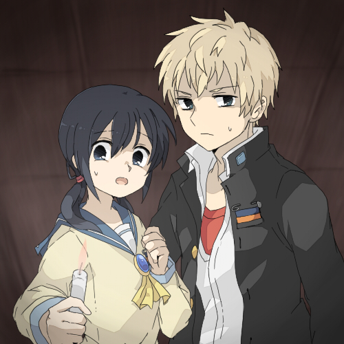 1boy, 1girl, black_hair, blonde_hair, blue_eyes, candle, corpse_party, gakuran