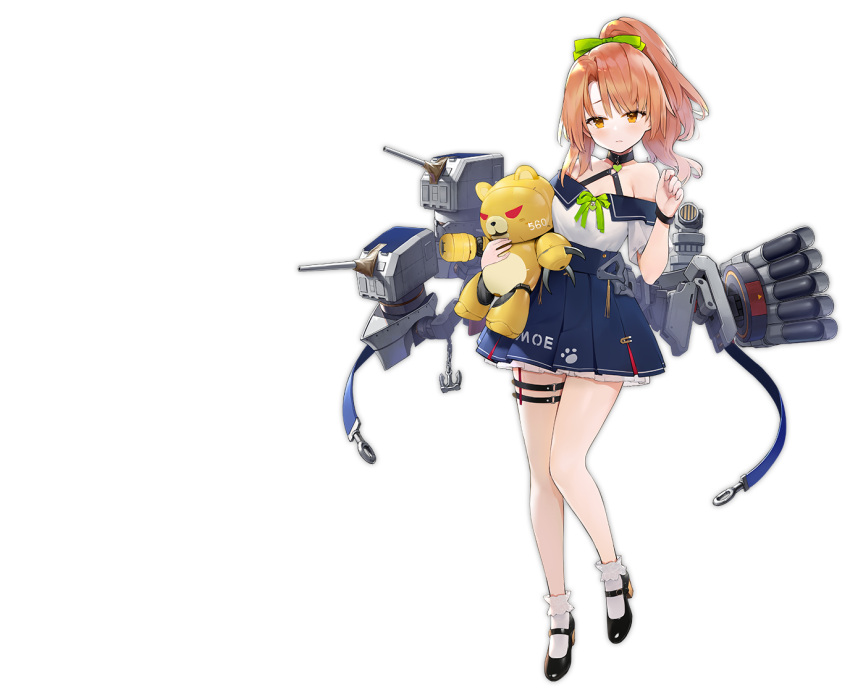1girl, artillery, azur_lane, bare_shoulders, beargguy_iii, black_footwear, blue_ribbon, blue_skirt, full_body, high_ponytail, holding, holding_toy, long_hair, looking_at_viewer, miniskirt, morrison_(azur_lane), off-shoulder_shirt, off_shoulder, official_art, orange_eyes, orange_hair, ribbon, rigging, shirt, skirt, socks, solo, suisai, thigh_strap, torpedo_tubes, toy, transparent_background, white_legwear, white_shirt