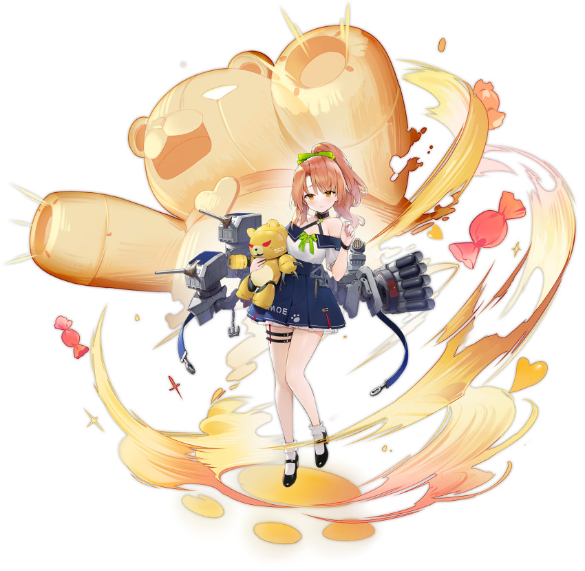 1girl, artillery, azur_lane, bare_shoulders, beargguy_iii, black_footwear, blue_ribbon, blue_skirt