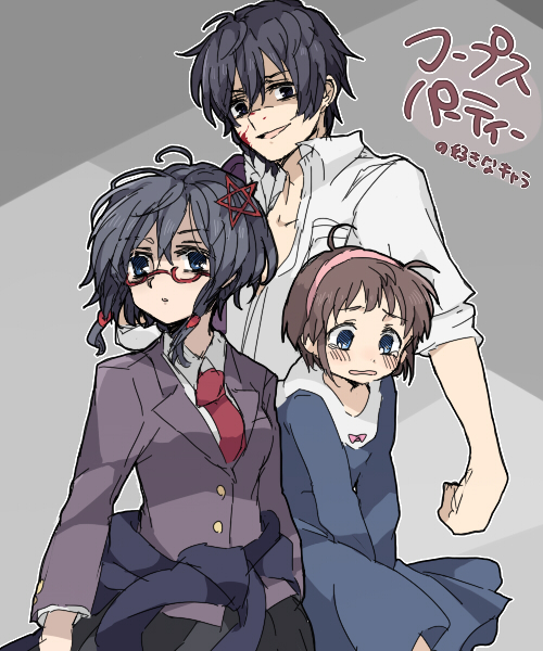 1boy, 2girls, black_hair, blazer, blood, blood_on_face, brown_hair, corpse_party