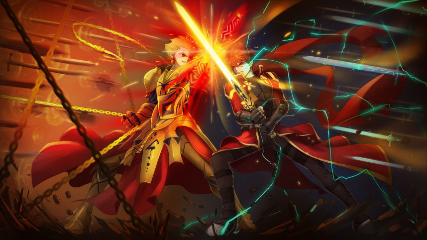 2boys, absurdres, armor, battle, black_gloves, blonde_hair, chain, clash