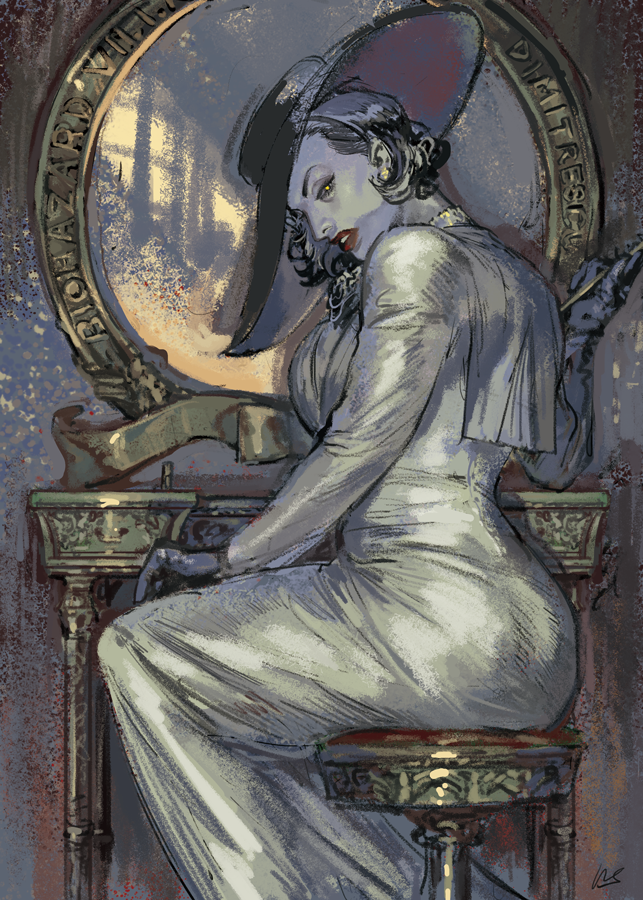 1girl, alcina_dimitrescu, ass, black_gloves, black_hair, chair, desk, dress, duplicate, gloves, hat, looking_at_viewer, makeup, mirror, nisir0, pale_skin, pixel-perfect_duplicate, resident_evil, resident_evil_village, restaurant, short_hair, sitting, solo, sun_hat, white_dress, yellow_eyes