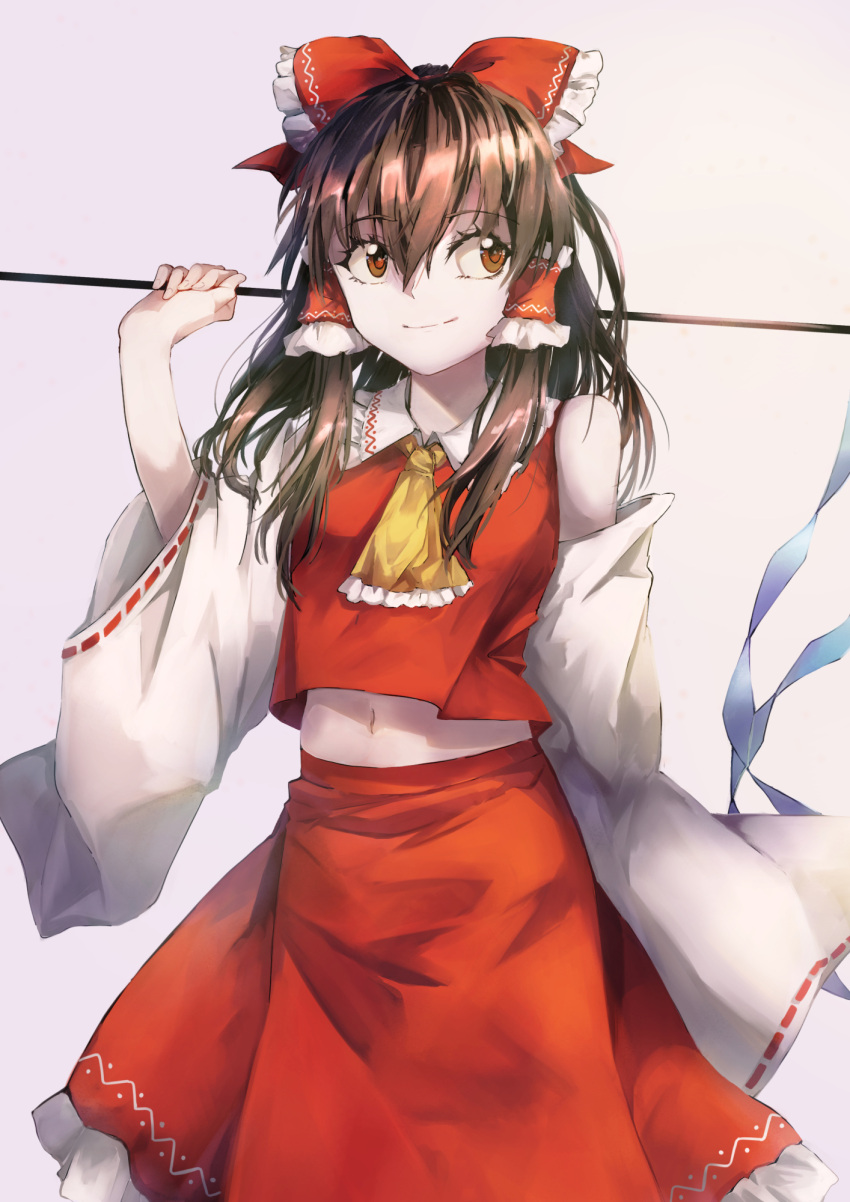 1girl, bow, brown_eyes, brown_hair, detached_sleeves, frilled_bow, frills, gohei