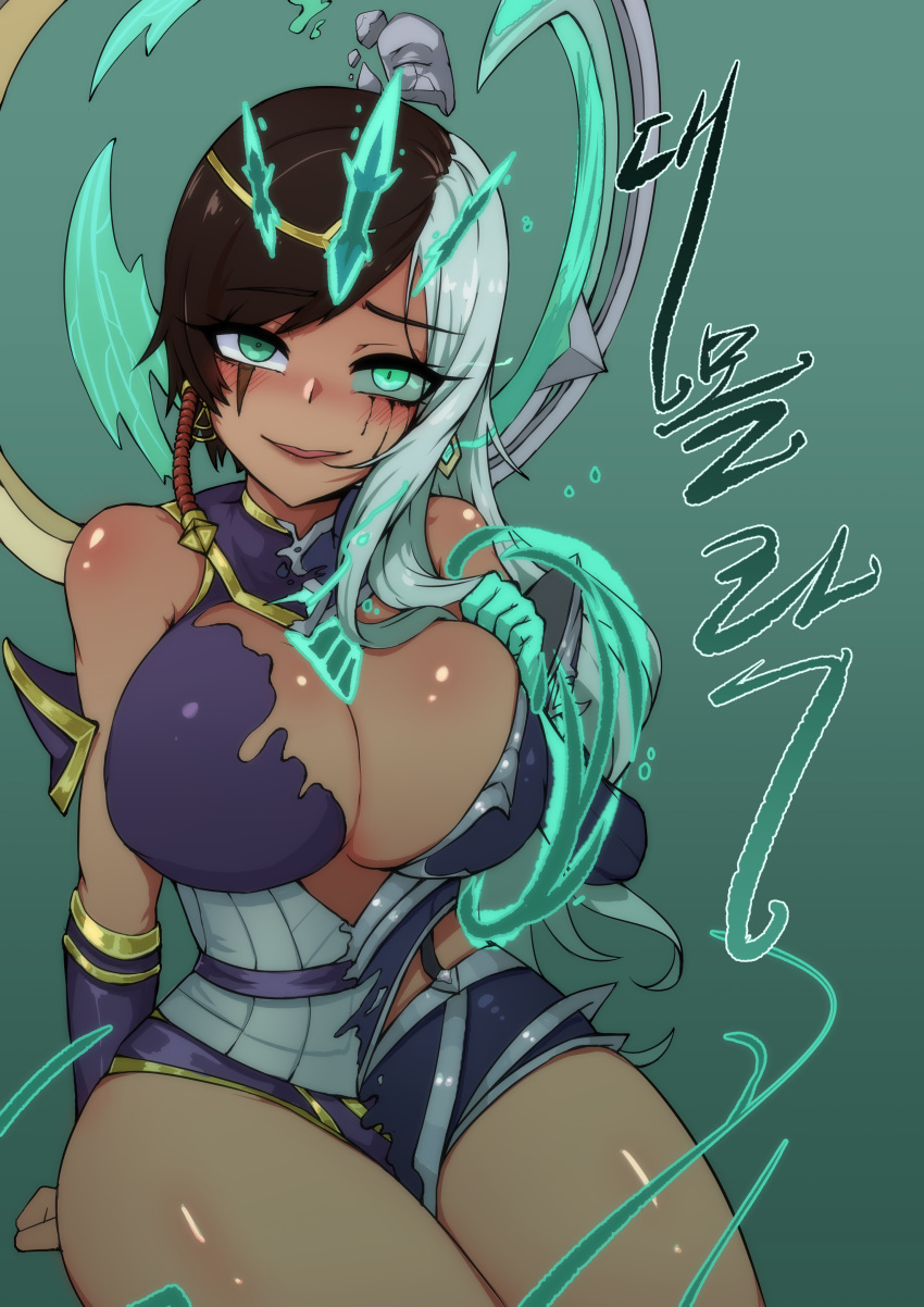 1girl, absurdres, bare_shoulders, blush, breasts, brown_hair, circlet, corruption