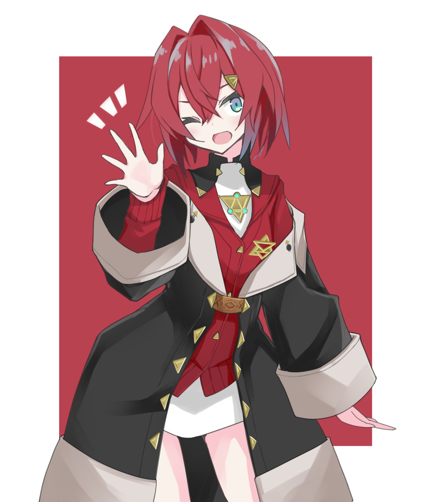 1girl, ange_katrina, bangs, black_coat, blue_eyes, border, coat, cowboy_shot