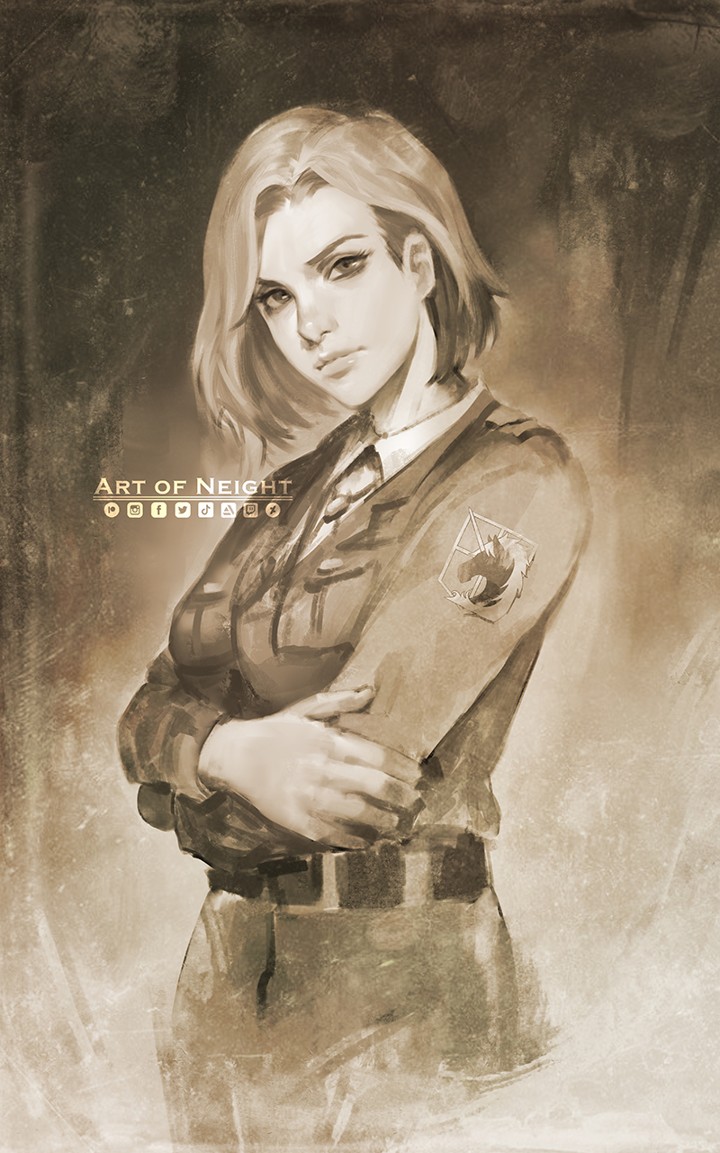 1girl, breasts, crossed_arms, doodle, highres, hitch_dreyse, lips, medium_hair