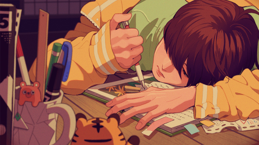 1boy, blurry, blurry_foreground, book, brown_eyes, brown_hair, closed_mouth, coffee_mug, commentary_request, cup, desk, green_shirt, hair_over_one_eye, head_on_table, holding, holding_pencil, ikkaf_sk, jacket, long_sleeves, male_focus, mechanical_pencil, mug, noise, open_book, original, pen, pencil, ruler, shirt, short_hair, solo, studying, yellow_jacket