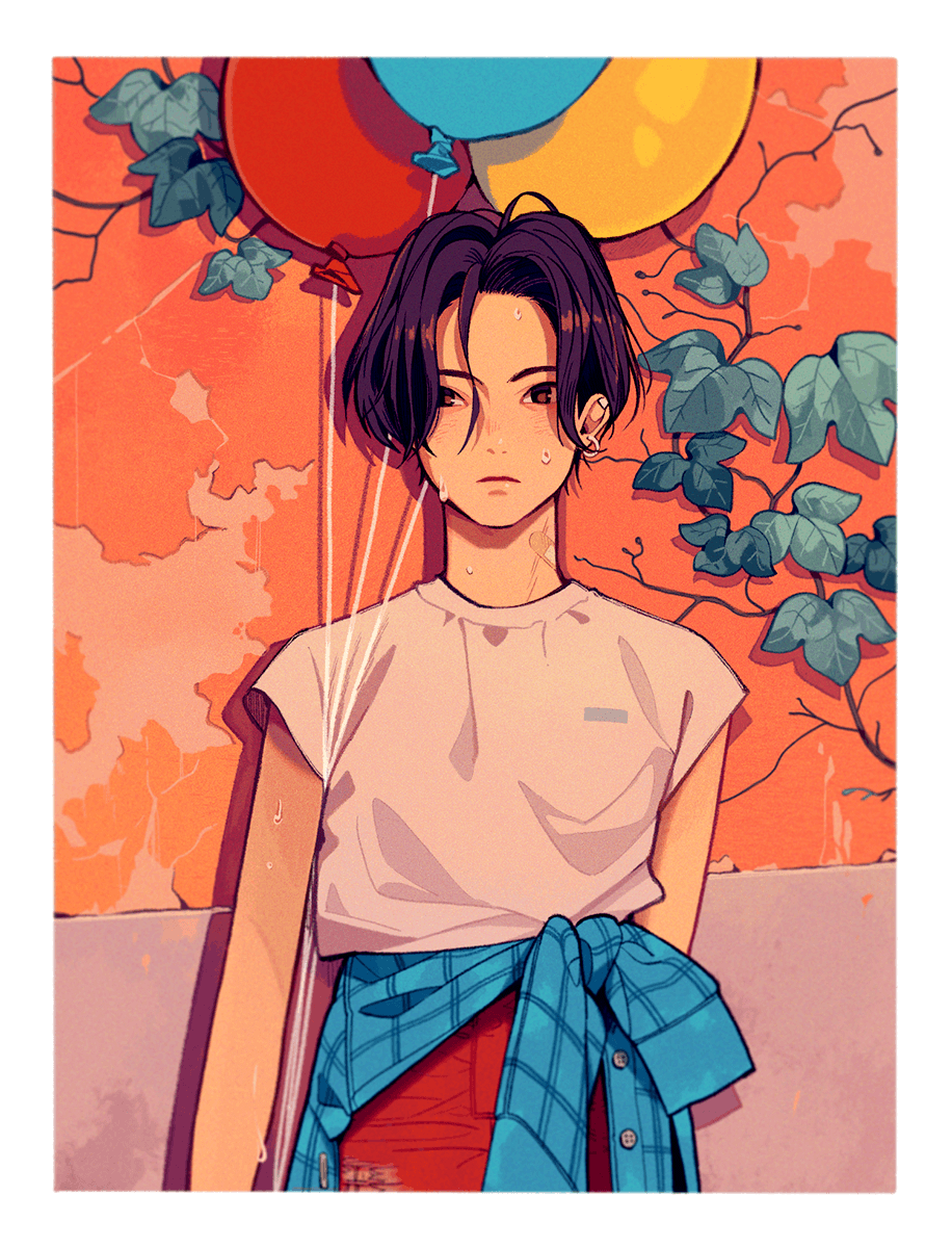 1boy, balloon, bandaid, bandaid_on_neck, bare_arms, blue_sweater, brown_eyes, closed_mouth, clothes_around_waist, commentary_request, cowboy_shot, ear_piercing, earrings, highres, hoop_earrings, ikkaf_sk, jewelry, leaf, looking_at_viewer, male_focus, orange_background, original, outdoors, pants, piercing, plant, purple_hair, red_pants, shirt, short_hair, short_sleeves, solo, sweat, sweater, sweater_around_waist, t-shirt, vines, white_shirt