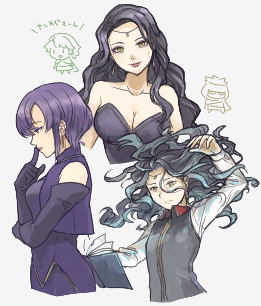 1boy, 3girls, bangs, book, breasts, circlet, fire_emblem, fire_emblem:_the_blazing_blade, gloves, jaffar_(fire_emblem), large_breasts, limstella_(fire_emblem), long_hair, looking_at_viewer, multiple_girls, nino_(fire_emblem), pirihiba, purple_hair, short_hair, sonia_(fire_emblem), ursula_(fire_emblem), yellow_eyes