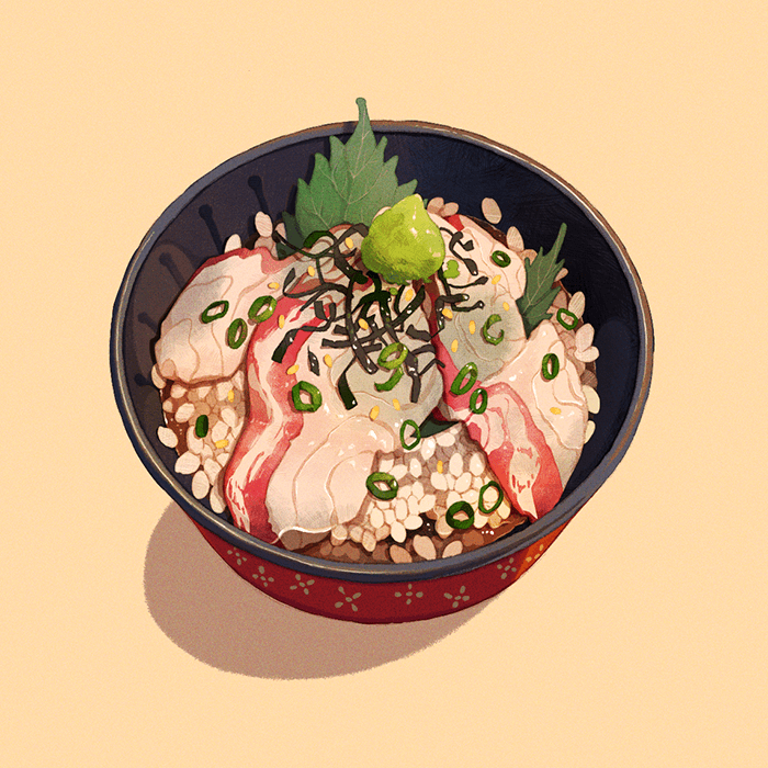 beige_background, bowl, food, food_focus, ikkaf_sk, no_humans, nori_(seaweed), ochazuke_(food), original, parsley, rice, sea_bream, spring_onion, wasabi