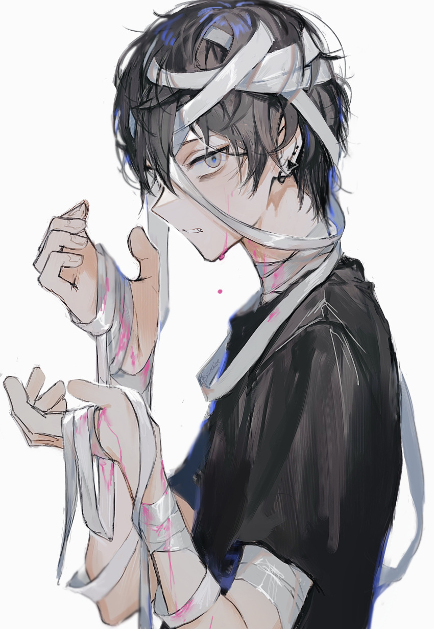 1boy, absurdres, bandaged_arm, bandaged_hands, bandaged_head, bandaged_neck, bandages, black_hair