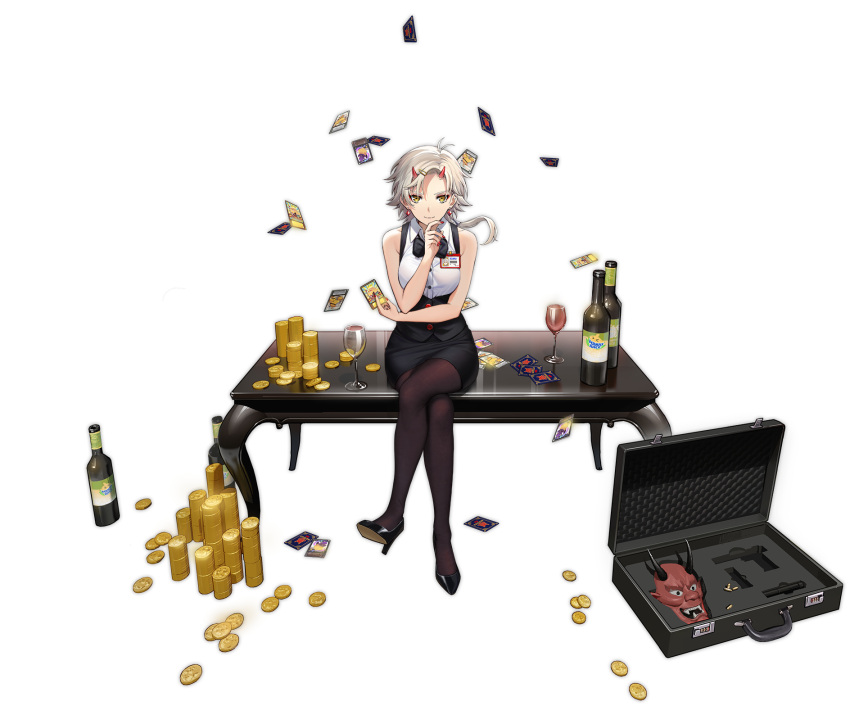 1girl, alcohol, azur_lane, black_footwear, black_legwear, black_neckwear, bottle, bow