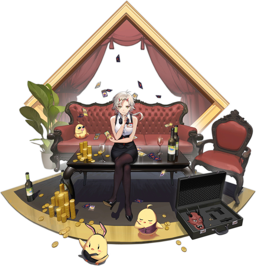 1girl, alcohol, azur_lane, black_footwear, black_legwear, black_neckwear, bottle, bow, bowtie, card, coin, crossed_legs, cup, drinking_glass, earrings, hair_ornament, hairclip, hand_on_own_chin, high_heels, highres, holding, holding_card, horns, jewelry, kinu_(azur_lane), kinu_(token_and_ghost)_(azur_lane), looking_at_viewer, manjuu_(azur_lane), official_alternate_costume, official_art, oni_horns, pantyhose, short_hair, sitting, sleeveless, transparent_background, werkbau, white_hair, wine, wine_bottle, wine_glass, yellow_eyes