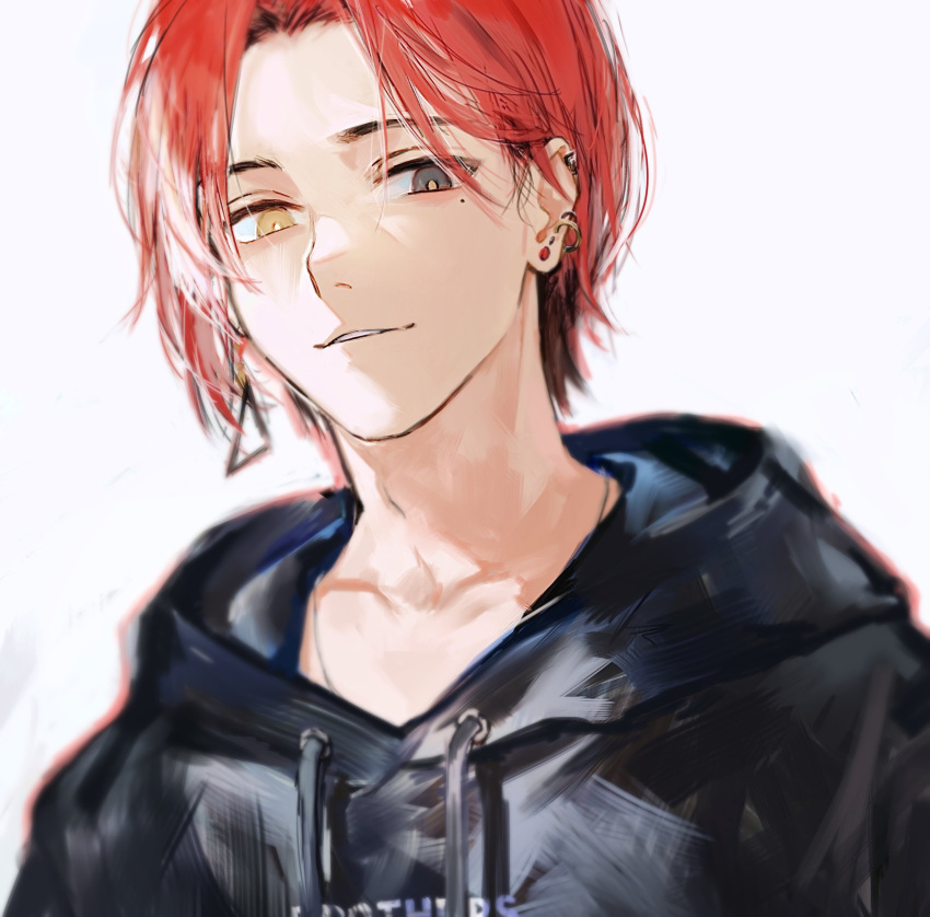 1boy, absurdres, black_hoodie, blurry, collarbone, drawstring, ear_piercing, earrings