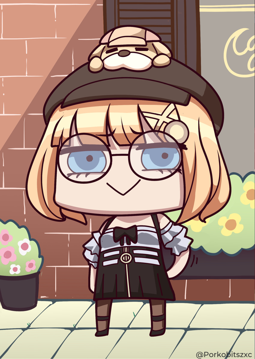 1girl, absurdres, animal_on_head, bangs, black_headwear, blonde_hair, blue_eyes, bubba_(watson_amelia), chibi, eyebrows_visible_through_hair, full_body, glasses, hair_ornament, hat, highres, hololive, hololive_english, looking_at_viewer, on_head, porko, riyo_(lyomsnpmp)_(style), solo, virtual_youtuber, watson_amelia