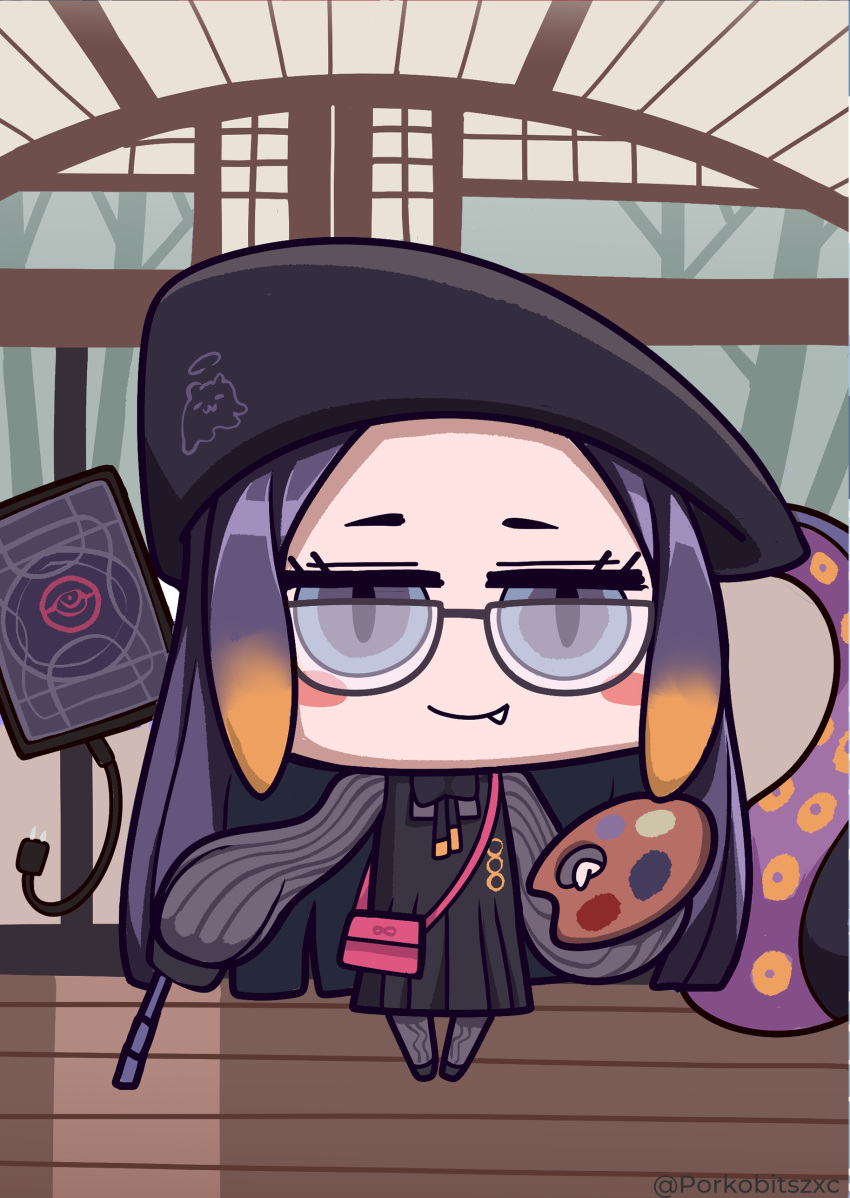 1girl, absurdres, ao-chan_(ninomae_ina'nis), beret, blue_eyes, chibi, fang, full_body, glasses, hat, highres, holding_palette, hololive, hololive_english, looking_at_viewer, ninomae_ina'nis, palette, porko, purple_hair, riyo_(lyomsnpmp)_(style), solo, tako_(ninomae_ina'nis), tentacles, twitter_username, virtual_youtuber