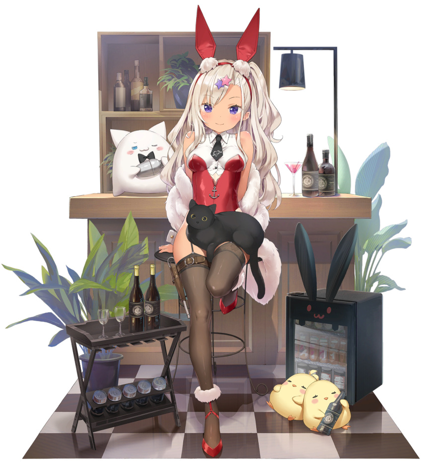 1girl, animal, animal_ears, archerfish_(azur_lane), azur_lane, bare_shoulders, bird, black_legwear