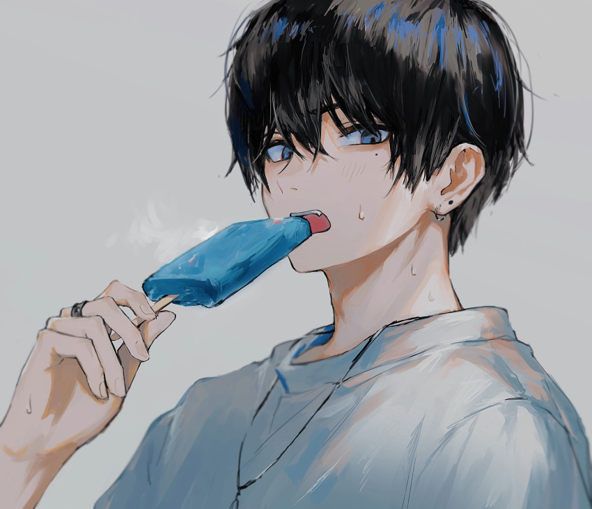 1boy, absurdres, black_hair, ear_piercing, eating, fang, food, grey_background