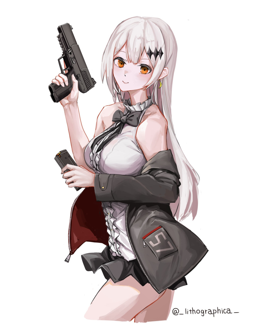 1girl, absurdres, alternate_hairstyle, breasts, five-seven_(girls_frontline), five-seven_(gun), frilled_shirt, frills