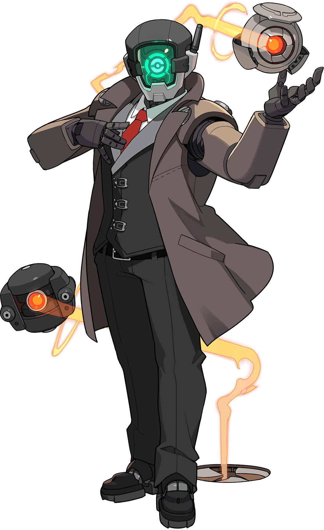 1boy, aqua_eyes, artist_request, black_footwear, black_pants, black_vest, brown_coat, coat, collared_shirt, drone, formal, full_body, glowing, glowing_eyes, hands_up, highres, humanoid_robot, light_trail, looking_at_viewer, male_focus, necktie, non-web_source, official_art, one-eyed, pants, pocket, red_neckwear, regis_(world_flipper), screw, shirt, shoes, solo, standing, suit, transparent_background, vest, white_shirt, world_flipper